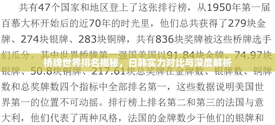 桥牌世界排名揭秘,日韩实力对比与深度解析